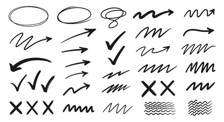 Large collection of hand-drawn marker elements including arrows check marks crosses and scribbles for presentations and notes.