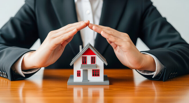 Person in business suit protecting a miniature house model on a wooden desk, symbolizing home security or real estate investment.