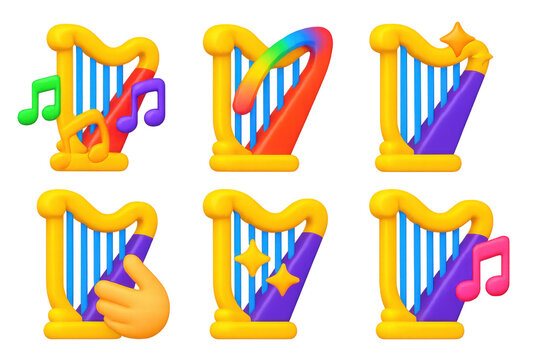 Series of six different musical instruments, each with a unique design