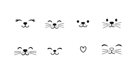 Minimalist collection of cute hand-drawn animal faces featuring cat whiskers and smiling expressions for simple character design.