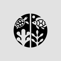 Sea turtles and coral in a black and white circular design