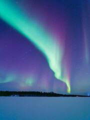 Aurora Borealis in Scandinavia. Northern lights over frozen lake and forest. Starry sky. Glow on...