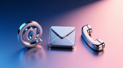 Metallic communication icons representing digital and traditional messaging methods in a sleek