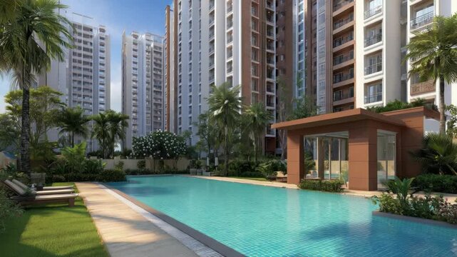 Luxurious modern condominium complex with a pool, palm trees, and clear blue sky