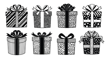 Set of eight intricately detailed hand-drawn gift boxes with various doodle patterns and bows in black and white.