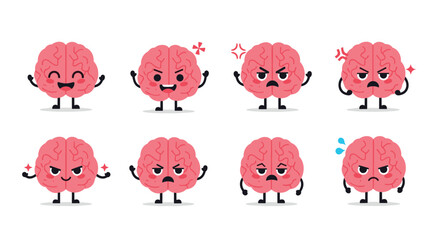 Set of cartoon brain characters with various angry and frustrated expressions for concepts of stress and mental challenges.