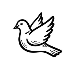 A beautifully simple black and white line art illustration depicts a graceful dove in mid-flight, symbolizing peace, hope, and freedom.