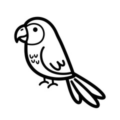 A charming minimalist black outline drawing of a tropical parrot, ideal for children's coloring books, educational materials, or playful graphic designs.