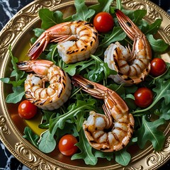 A luxurious, top-down, close-up photograph of four perfectly grilled and caramelized large prawns