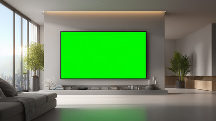 Sleek minimalist living room with large green screen smart TV for mockup, featuring panoramic city skyline view through floor-to-ceiling windows.