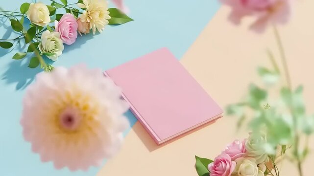 Pink Notebook Surrounded by Pastel Flowers with Top View on Blue  Peach Background.