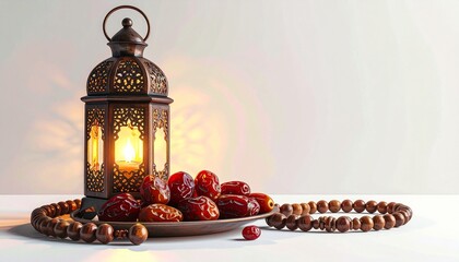 Ramadan food and drinks concept. Ramadan Lantern with Arabian lamp, wood rosary, dates fruit and lighting on white background.