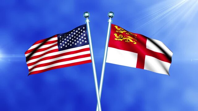 USA and Sark Flag Waving On Pole Loop