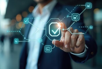 Obraz premium Businessman Interacting with Digital Interface Showcasing Data Analytics and Connectivity