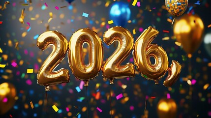Golden foil balloons 2026 with colorful confetti and blurred party decorations for a festive new year