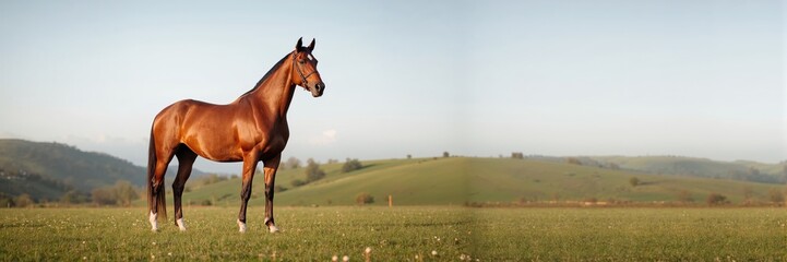 Obraz premium Bay horse standing in a lush pasture, emphasizing agricultural landscape and animal care practices