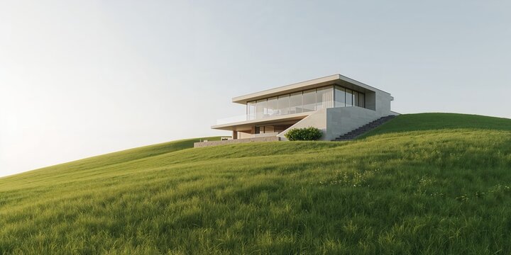 3D rendering of a contemporary private residence situated on a hillside, emphasizing architectural design and slope adaptation