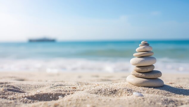 Beach vacation scene with rocks and sculpture emphasizing leisure and natural textures, summer fun