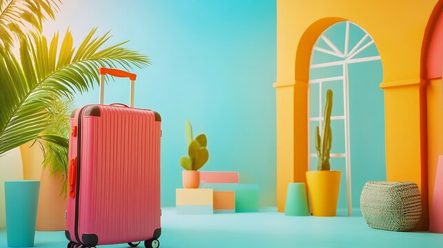 Ready to Travel: A vibrant pink suitcase stands poised, in a stylish travel scene, ready to whisk the traveler away on a new adventure. The scene has pastel colors of yellow, pink and turquoise.