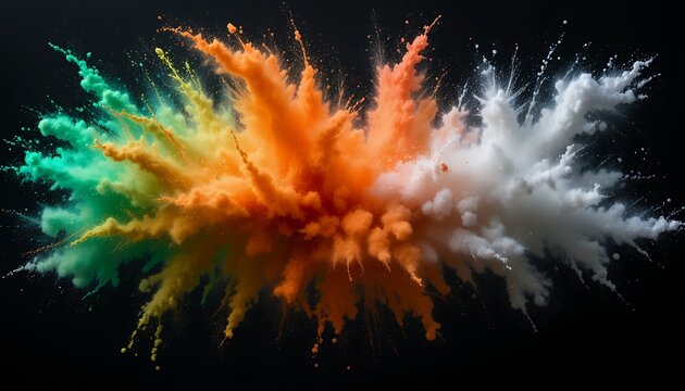 Vibrant explosion of multicolored powder creating dynamic and energetic abstract shapes on dark