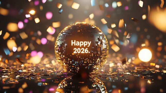 Happy 2026 text on a sparkling disco ball surrounded by falling confetti and bokeh lights, festive celebration - Powered by Adobe