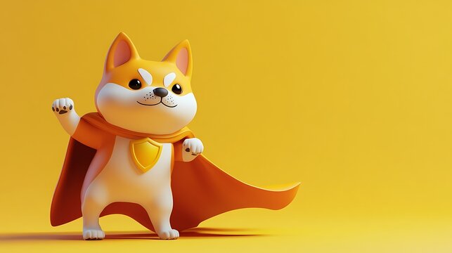 Super Pup Hero: A heroic cartoon pup in a flowing cape strikes a pose against a vibrant backdrop, exuding confidence and playful charm.