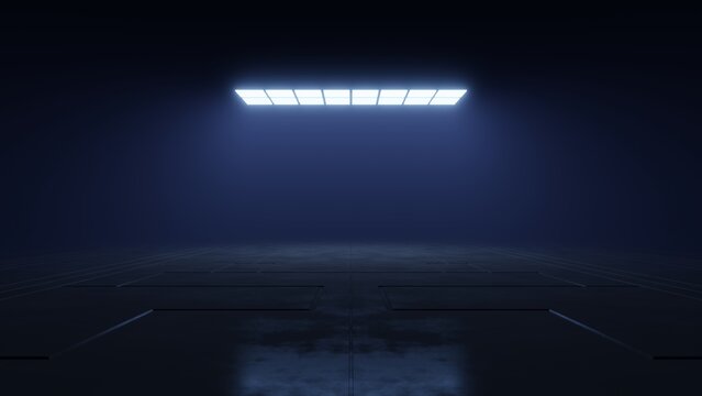 Futuristic showroom with neon light, Abstract architecture with empty dark space, Sci-fi tunnel stage for product presentation, 3d rendering