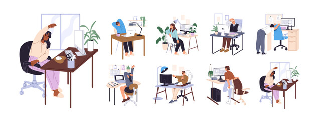 People do exercises at the desk set. Employees with sedentary work practice yoga at the workplace. Men and women stretch body at the computer table, chair. Flat isolated vector illustrations on white