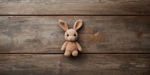 A plush rabbit toy placed on aged wooden surface, suitable for background in design projects, Earth Day