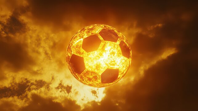 Fiery soccer ball glowing intensely amidst a dramatic, smokefilled sky, symbolizing passion and intense competition