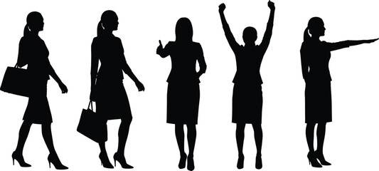 Silhouette of businesswomen in various poses, walking, pointing, celebrating, thumbs up, handbag, professional attire, confident posture, gesture