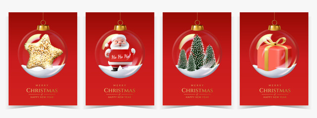 Set of Christmas and New Year transparent glass balls with snow, isolated. Equally suitable for dark and light backgrounds.	