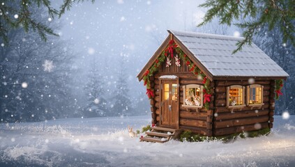 Wooden shack with red decorations and rabbits during the holiday season, seasonal celebration