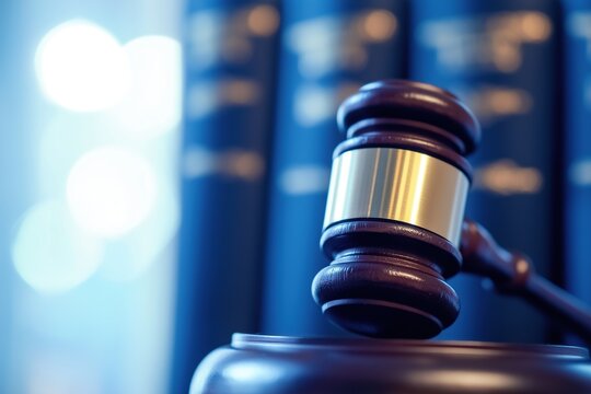 A gavel on top of law books with a blurred background and bokeh effect symbolizing power and documents in the modern justice system. - Powered by Adobe