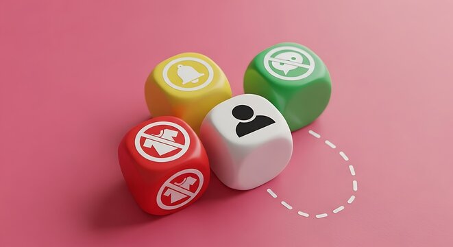 Colorful dice with notification, user, and restriction icons on a pink background, representing social media