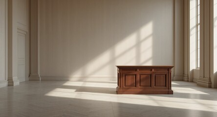 Restored antique jury's box in courthouse, emphasizing historical legal procedures