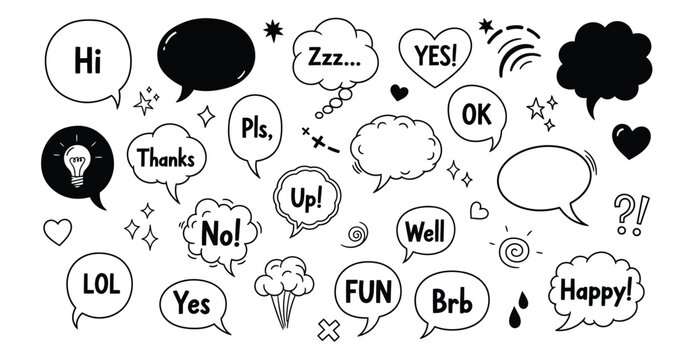 Collection of hand drawn speech bubbles with various words and symbols