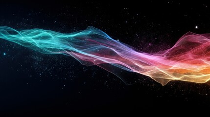 An abstract visualization of a flowing wave made of luminous particles, transitioning from cyan to red and yellow, set against a dark background with scattered