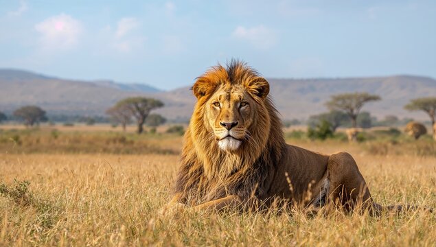 Majestic lion resting on grass in African reserve, emphasizing wildlife conservation, Earth Day