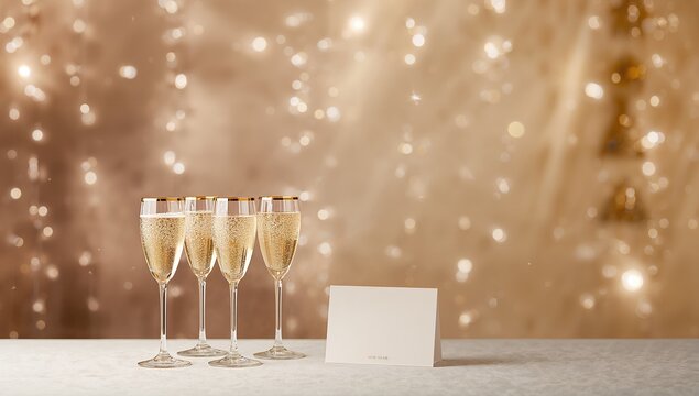 Party elements and glasses with champagne card with space to write, festive celebration setup for social gatherings, New Year's Eve