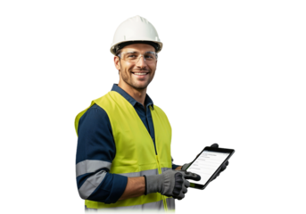 Construction worker using tablet on site during the day for project management and communication