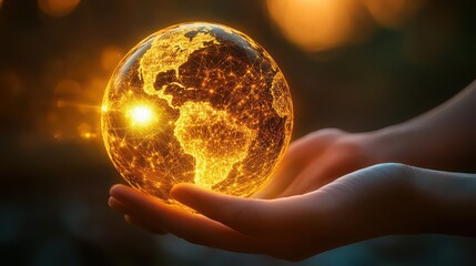 Human hands gently cradling a luminous, particlerendered golden globe, symbolizing global energy and connection