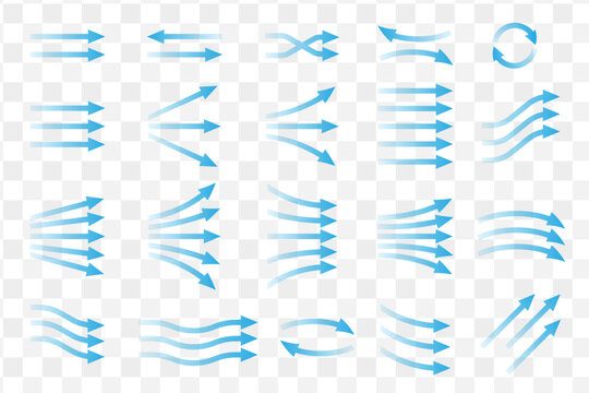 Air flow blue transparent arrows set. Arrow icon collection for showing wind direction