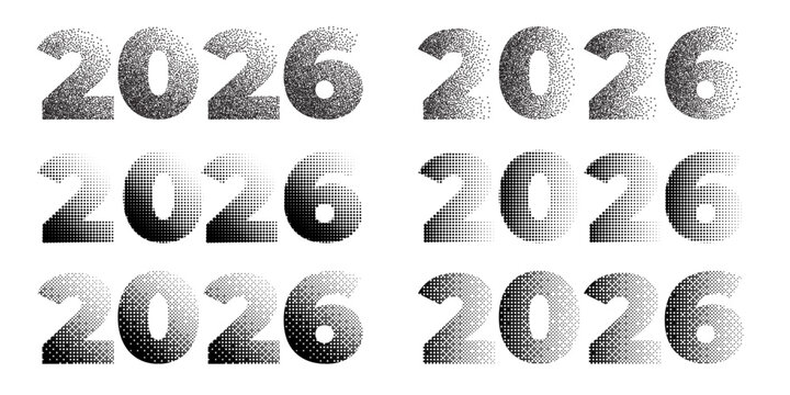 2026 dotted number collection for Happy New Year greeting card, calendar, banner, poster. Black halftone gradient vector design