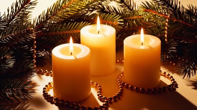 three ivory candles arranged in a triangle composition, surrounded by pine leaves and gold beads, perfect for christmas