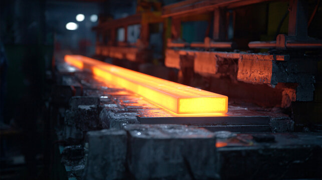 Red Hot Steel Bars Being Heated in Industrial Forge for Metal Manufacturing Process
