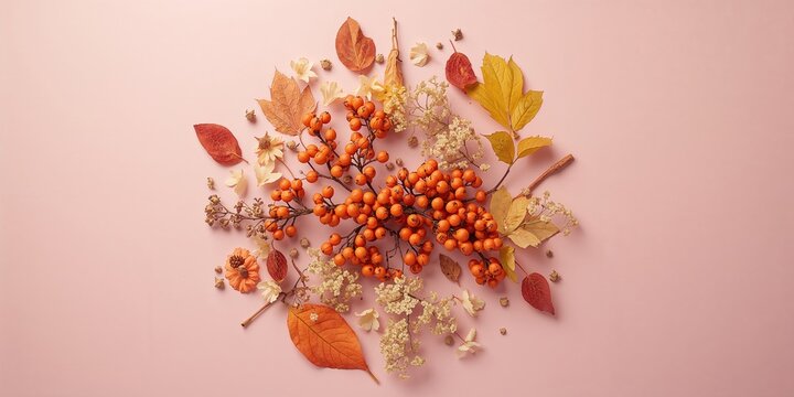 Autumnal arrangement of Rowan berries, dried flowers, and leaves on a pink background for seasonal decor