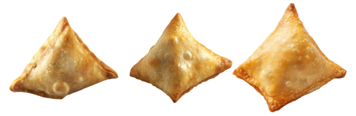 Golden brown crispy samosas isolated on white transparent background, traditional Indian snack concept