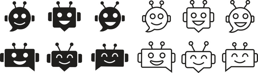 Chatbot flat and outline icon set featuring friendly robot head symbol with message bubble design. Vectors bot illustration for AI communication, customer support, automation concept and technology.