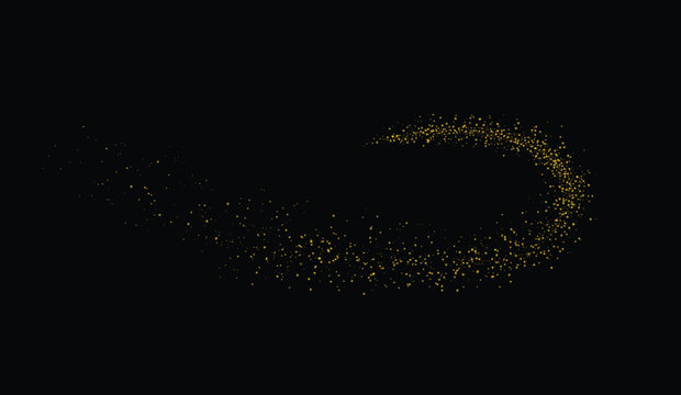 Abstract golden dust swirl trail. Vector illustration on a black background